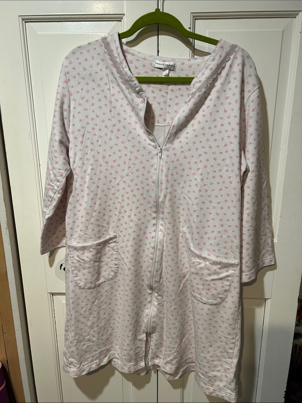 White Zip Front Lounge Jacket nightgown cover with Pink Micro Floral Print